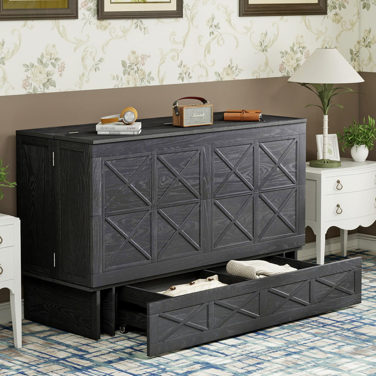 Solid Wood Murphy Bed Queen: Space Saving Retro Brown Black Murphy Bed Cabinet (Not Included Mattress) with USB Port, Solid Wood Wall Murphy Chest Queen with Large Drawer for Guest Room/Bedroom ClassyCabin