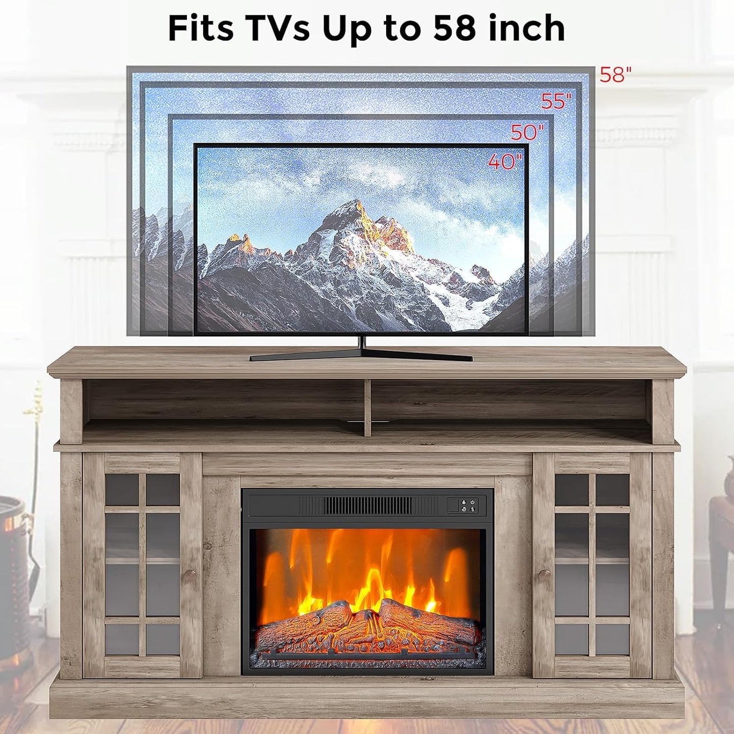 GarveeTech Farmhouse Electric Fireplace TV Stand for TVs up to 58", Entertainment Center with 23" Electric Fireplace Remote Control, TV Console Cabinet with Open Storage Shelves for Living Room, Wood