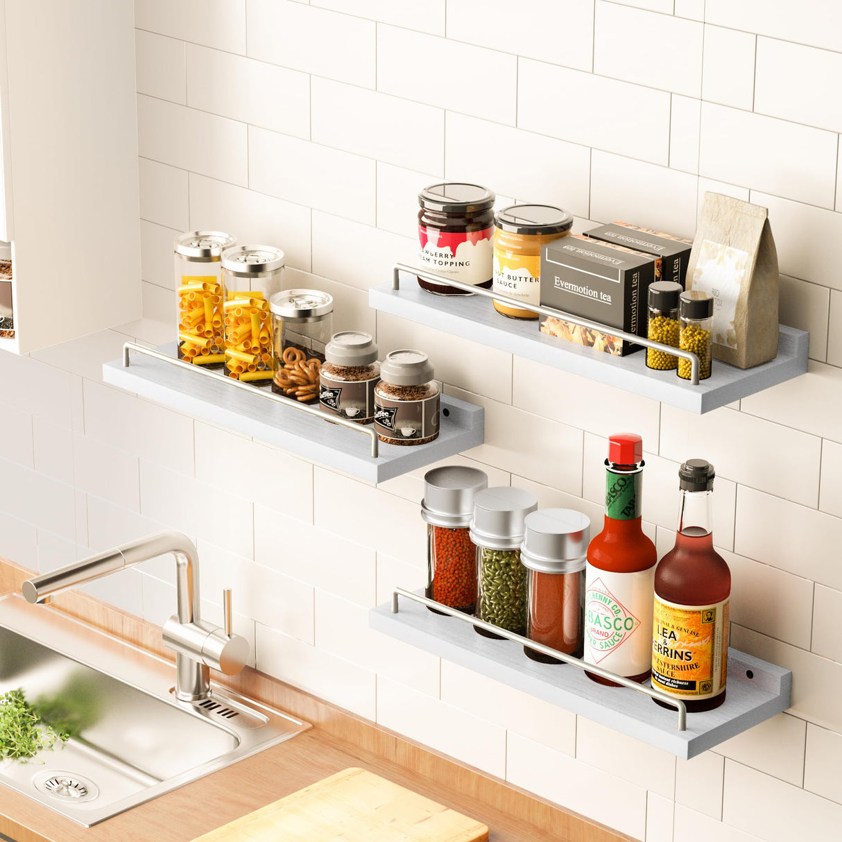 RYOFOBETTO Floating Shelves for Wall Decor, White and Grey Shelves for Bathroom, Living Room, Bedroom, Picture Frames, Plants, Kitchen (Set of 3) RYOFOBETTO