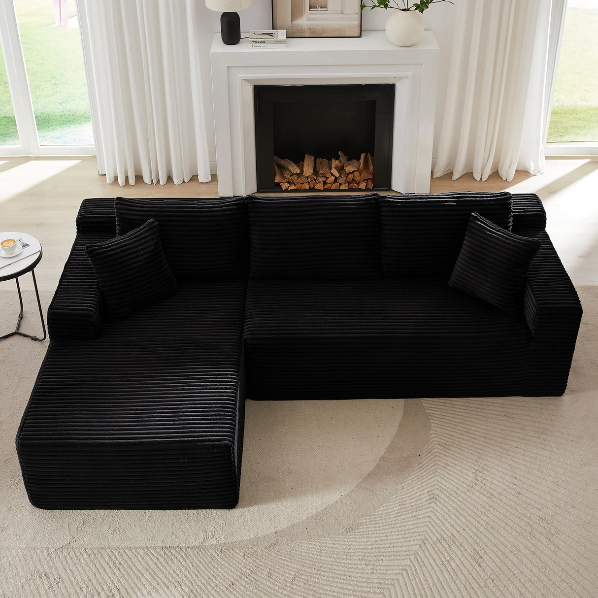 104 Inch Cloud Sectional Couch with L-Shape Chaise,Modern Upholstered Couches with Deep Seat,Corduroy Sponge Compressed Sofa for Living Room,No Assembly Required (Black) ZKJOLMN
