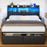 Furnulem Queen Bed Frame with Storage Drawers, Upholstered Headboard, LED Lights, and Charging Station - Black Oak Furnulem