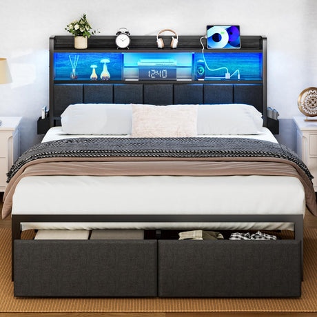 Furnulem Queen Bed Frame with Storage Drawers, Upholstered Headboard, LED Lights, and Charging Station - Black Oak Furnulem