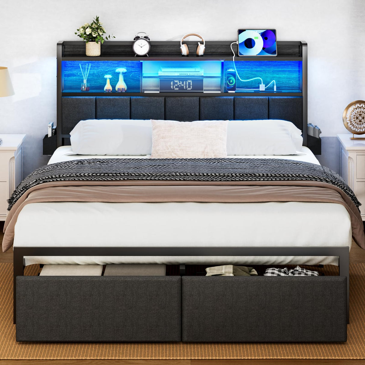 Furnulem Queen Bed Frame with Storage Drawers, Upholstered Headboard with Storage Shelf, LED Lights and Charging Station, Metal Platform Bed Frame Queen Size, Noise Free, No Box Spring Needed, Black Furnulem