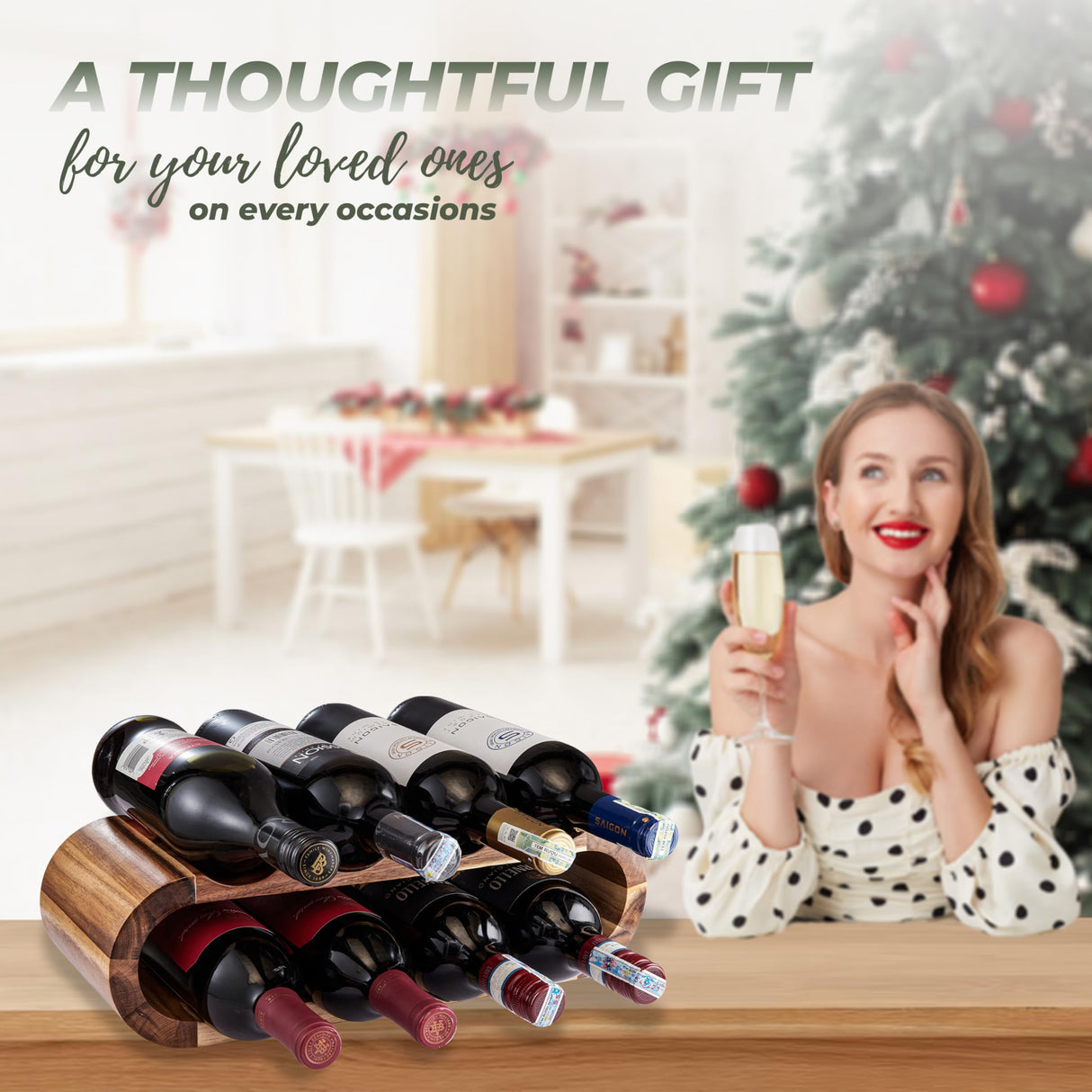 BLUEWEST Wooden Wine Racks Countertop, 8 Bottle Wine Rack, Acacia Wine Bottle Holder Stand, Free Standing Wine Storage, Wine Shelf Organizer, Perfect BLUEWEST