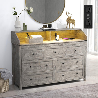 GlouMod LED Dresser with Charging Station, 7 Drawer Dressers & Chest of Drawers, Wooden Chest of Drawers for Bedroom, Closet Dresser Organizer, TV Stand, Rustic Grey