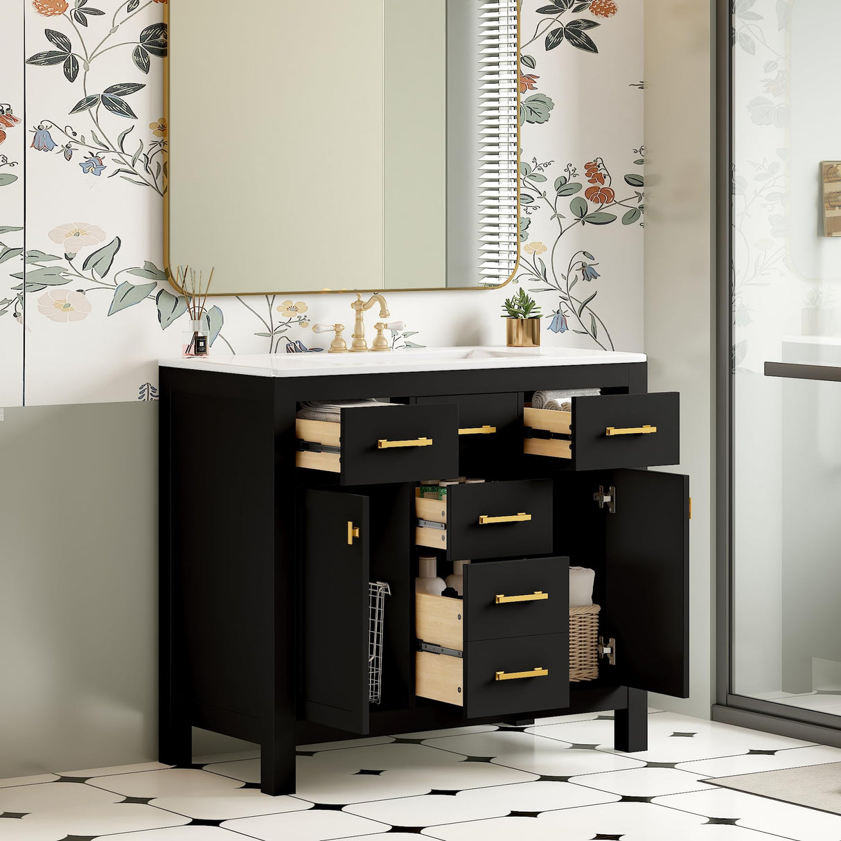 Merax 36" Bathroom Vanity with Sink, Freestanding Modern Bathroom Vanity Cabinet with Sink Top, 4 Drawers and 2 Storage Cabinets, Green Wood Bathroom Vanity Merax