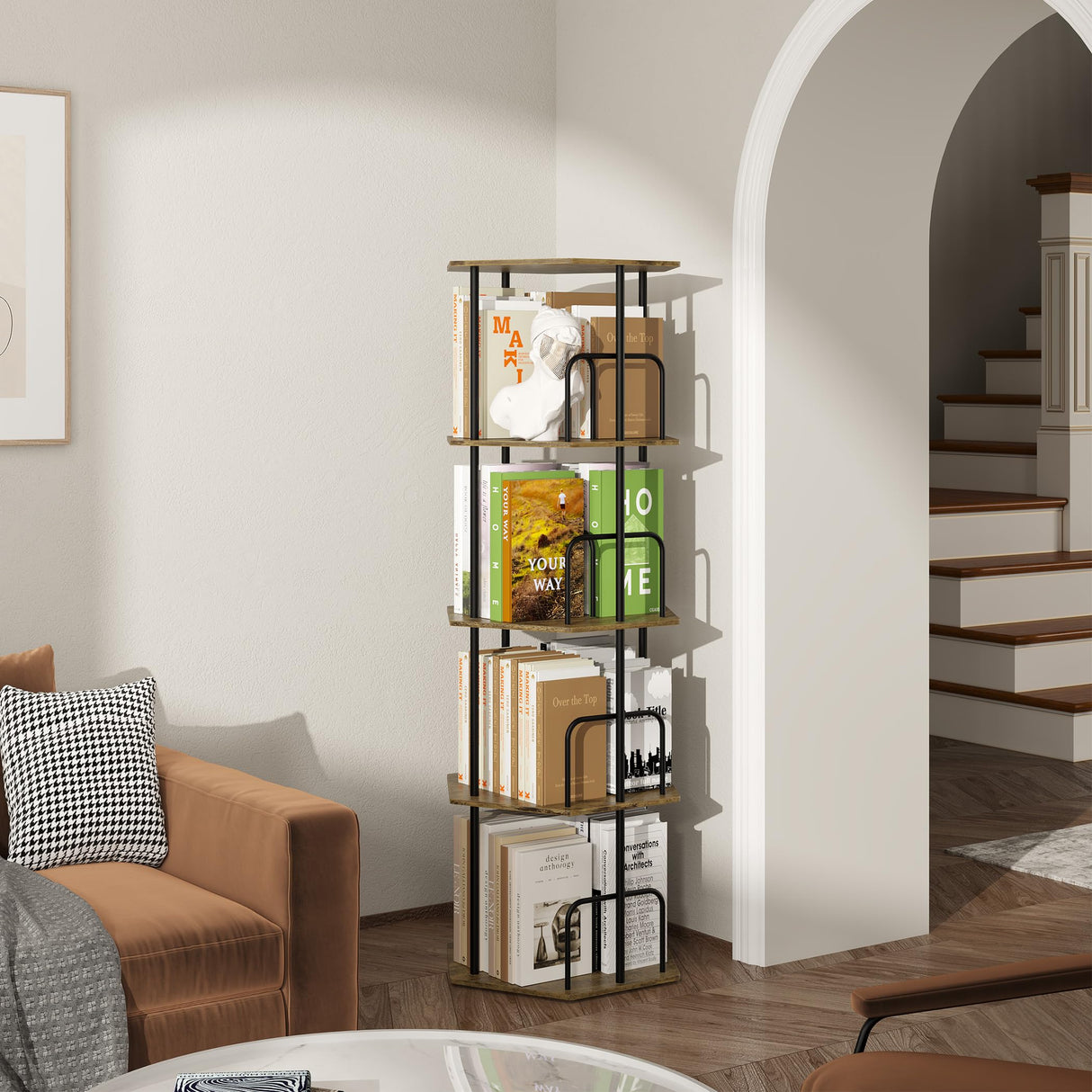 SUNMORY 4 Tier Rotating Bookshelf Tower, Revolving 360 ° Spinning Bookcase, Hexagonal Corner Book Shelf Storage Carousel, Vertical Rotate Turning Organizer Book Shelves for Living Room Office Bedroom SUNMORY