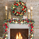 WANNA-CUL Pre-Lit 30 Inch Large Christmas Wreath for Front Door with 50 Led Lights,Luxury Red Gold Lighted Christmas Door Wreath Decor with Ball Ornaments, Battery Operated WANNA-CUL