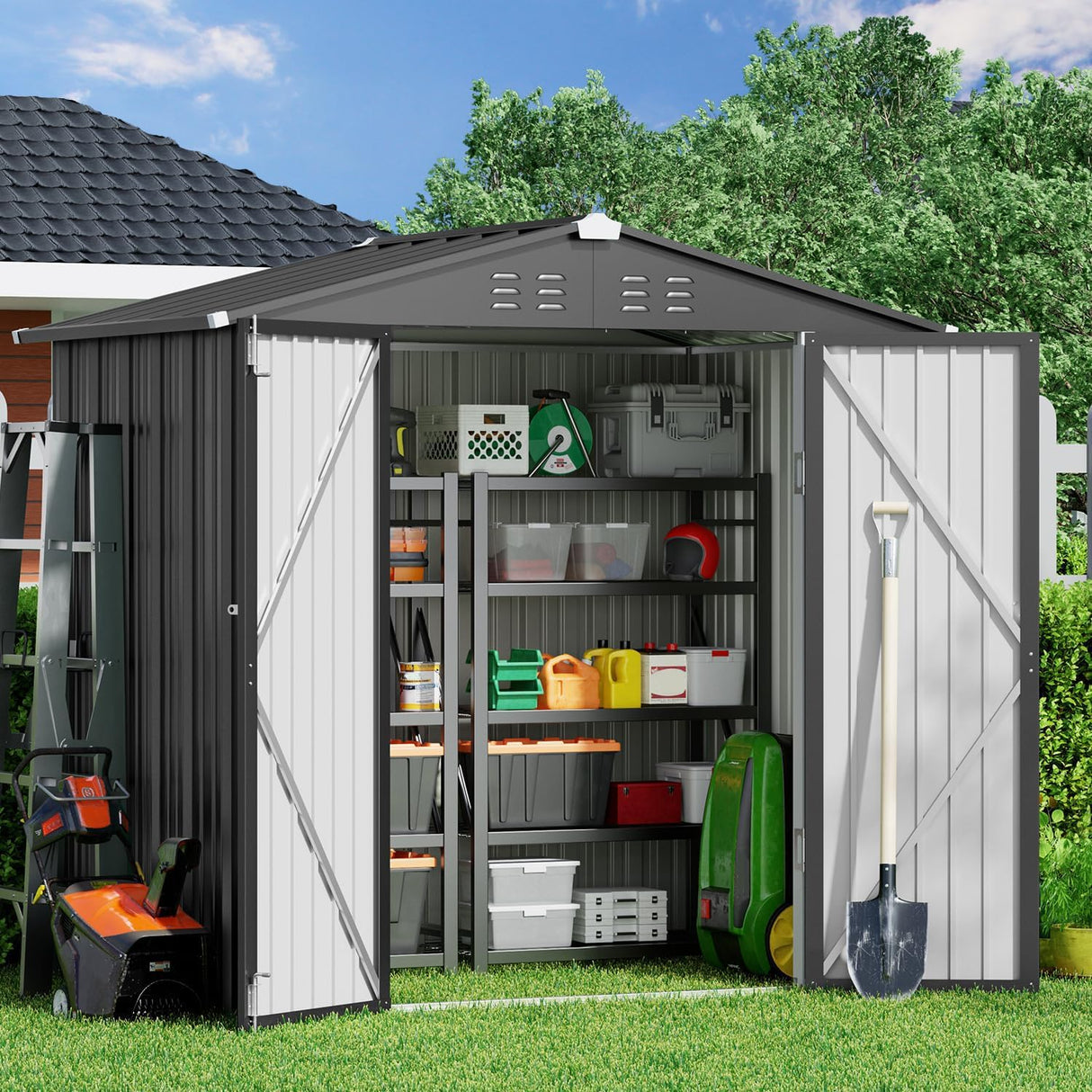 Gizoon Outdoor Storage Shed 6 x 4 FT, Galvanized Metal Garden Shed with Double Lockable Doors, Outdoor Storage Clearance for Backyard Patio Lawn-Dark Grey Gizoon