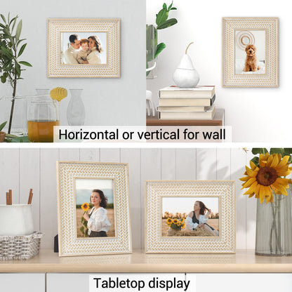 takfot Boho Picture Frames 5x7 Family Picture Frame 2 Pack, Bohemian Rattan Decor Farmhouse Style Carved Wood Frames for Wall Mount or TableTop Display Birthday Christmas Gifts