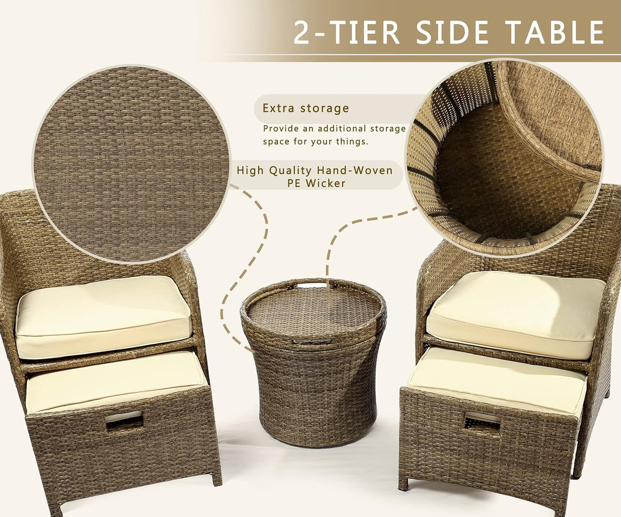 LHBcraft Outdoor Patio Wicker 5-Piece Furniture Set, No Assembly Required All-Weather Rattan Conversation Bistro & Storage Table for Garden, Porch, Balcony and Deck (Beige) LHBcraft