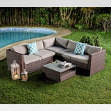COSIEST 4-Piece Outdoor Furniture Set All-Weather Brown Wicker Sectional Sofa w Warm Gray Thick Cushions, Glass Coffee Table, 2 Teal Pattern Pillows COSIEST