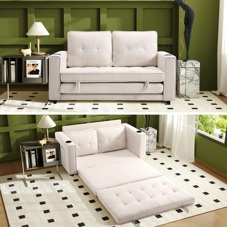Urhanherry 54" Folding Sofa Bed Full Size, Pull Out Couch Small Love Seat Sleeper Bed Futon, Fold Out Floor Gaming Couch with Cup Holder for Dorm, Bedroom, Small Spaces(Beige) Urhanherry