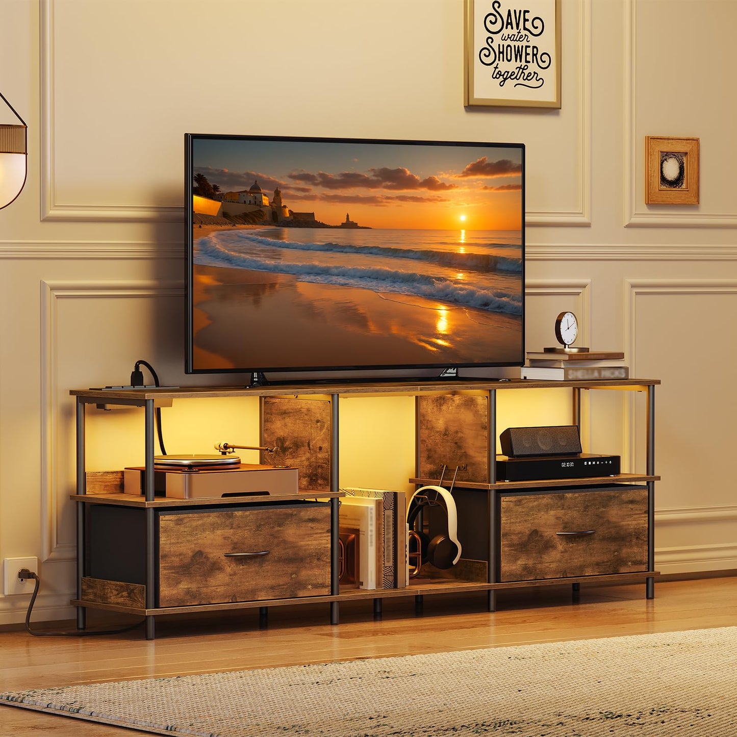 MAHANCRIS LED TV Stand with Charging Station and 2 Fabric Drawers, Entertainment Center for TVs up to 65", TV Console Table with Open Storage Shelf, for Living Room, Rustic Brown TVHR135E01