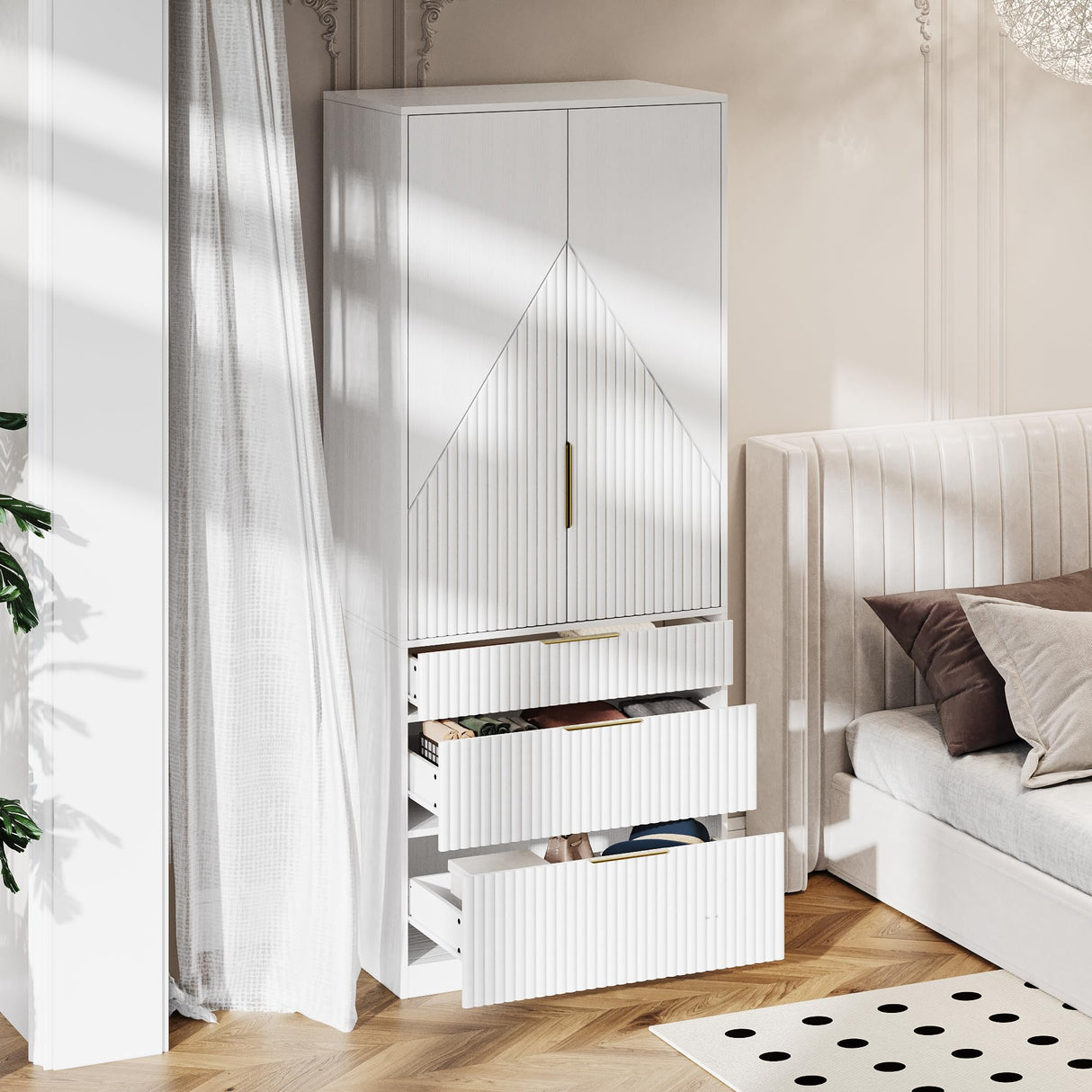 71.7 " Wardrobe Armoire Wooden Closet with 2 Doors and 3 Drawer, Bedroom Armoire with Hanging Rod Shelf, Large Capacity Storage Wardrobe Armoire, Freestanding Wooden Closet Storage Cabinet White TOKSOM