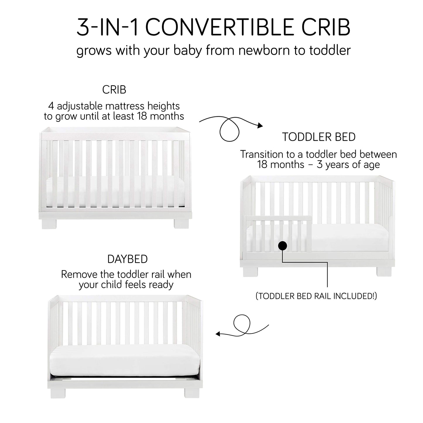 Babyletto Modo 3-in-1 Convertible Crib with Toddler Bed Conversion Kit in White, Greenguard Gold Certified