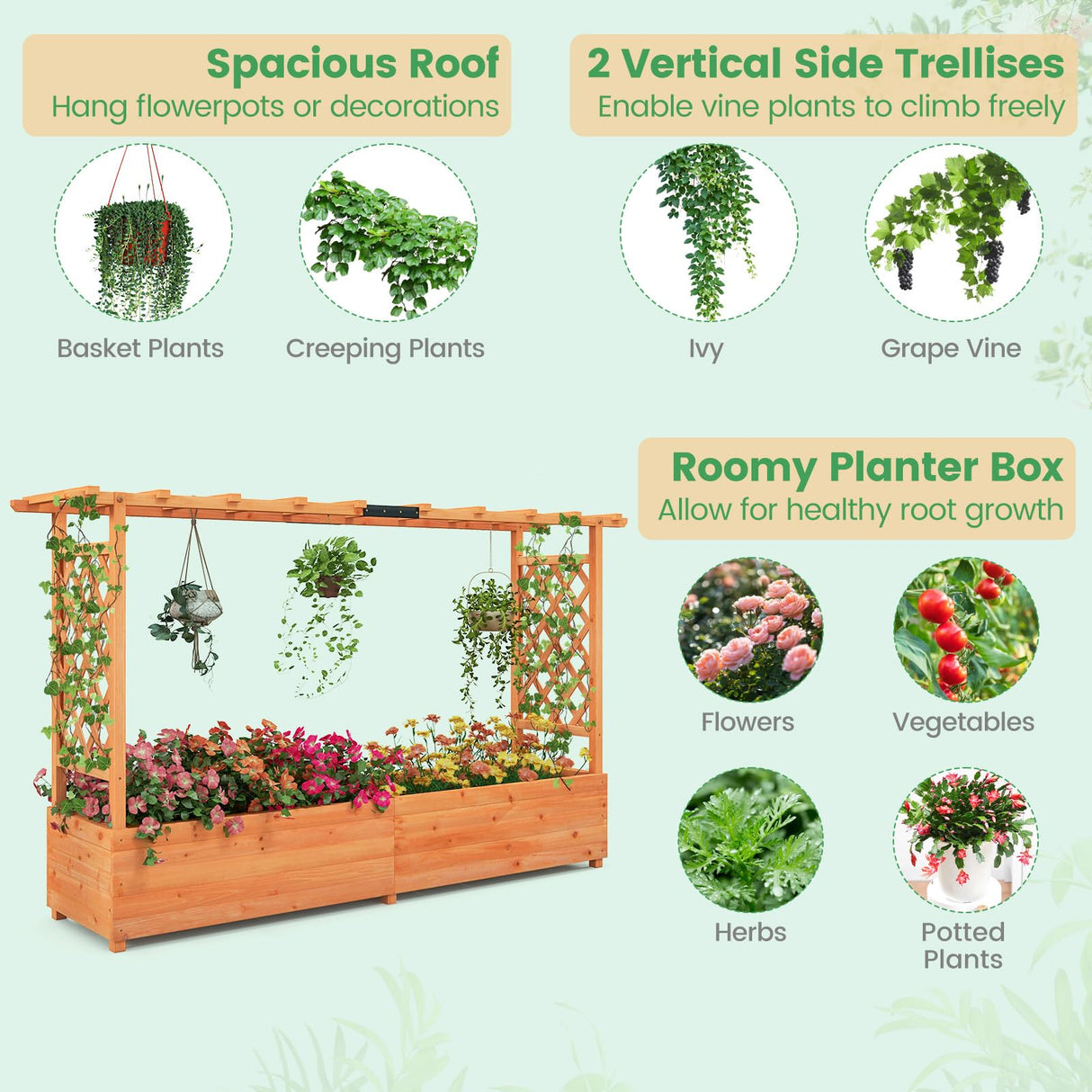 Giantex Raised Garden Bed with 2-Sided Trellis & Hanging Roof, Fir Wood Planter Box w/Drainage Holes, Bottom Gaps, Freestanding Garden Planter for Flowers Herbs Climbing Vines (79" x 17.5" x 45") Giantex
