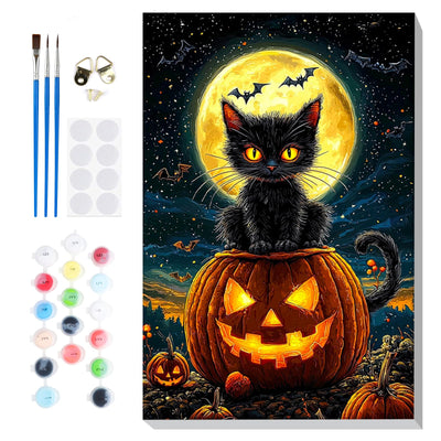Bowetile Halloween Framed Paint by Numbers for Adults Beginners, Easy Adults' Paint-by-Number Black Cat Kits on Canvas, Acrylic Number Painting Crafts Kits Halloween Gifts for Home Decor, 8x12in