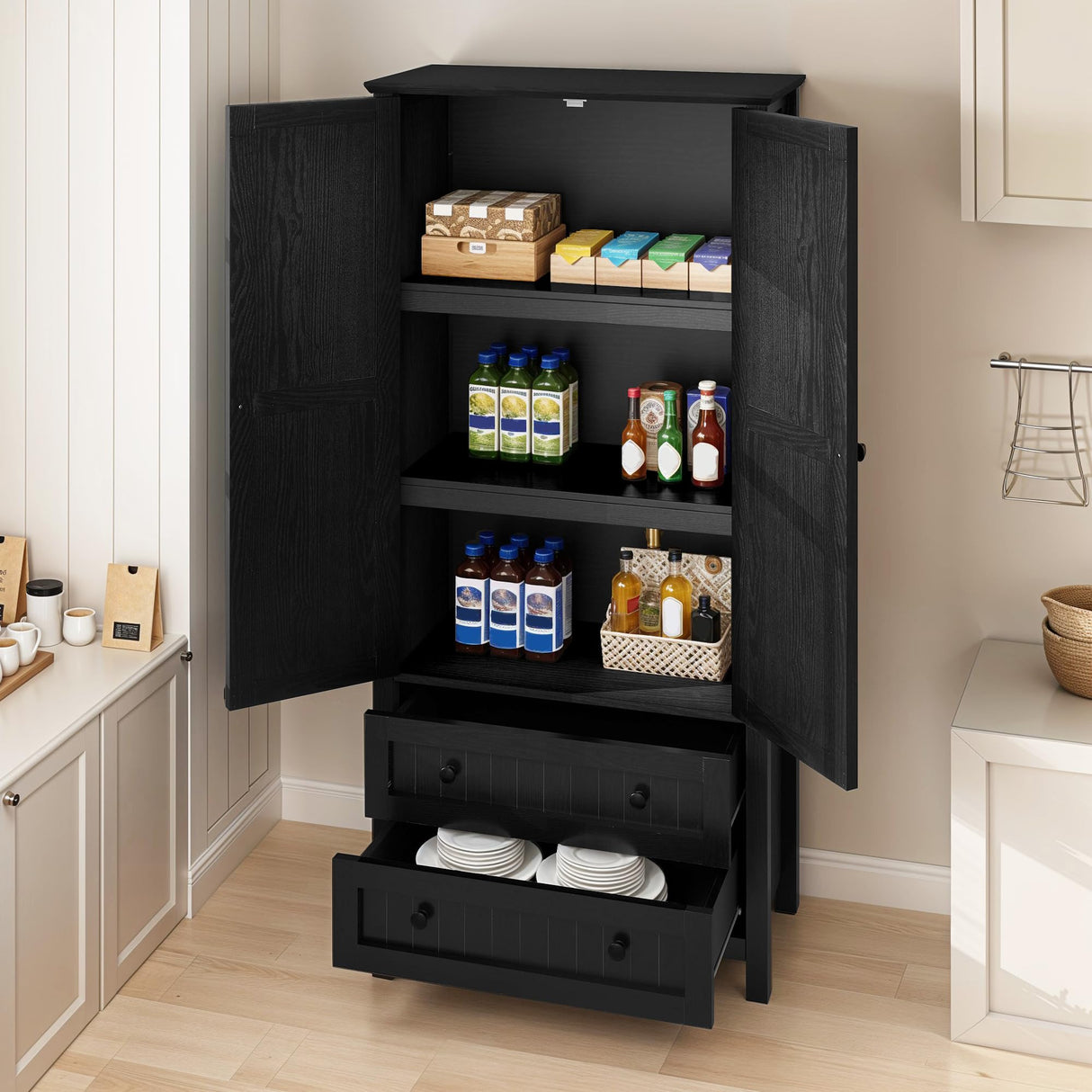 DWVO Farmhouse Kitchen Pantry Cabinet, 64.5" Tall Storage Cabinet with 2 Drawers and Adjustable Shelves, Versatile Storage for Living Room, Dining Room or Hallway, Oak Black DWVO