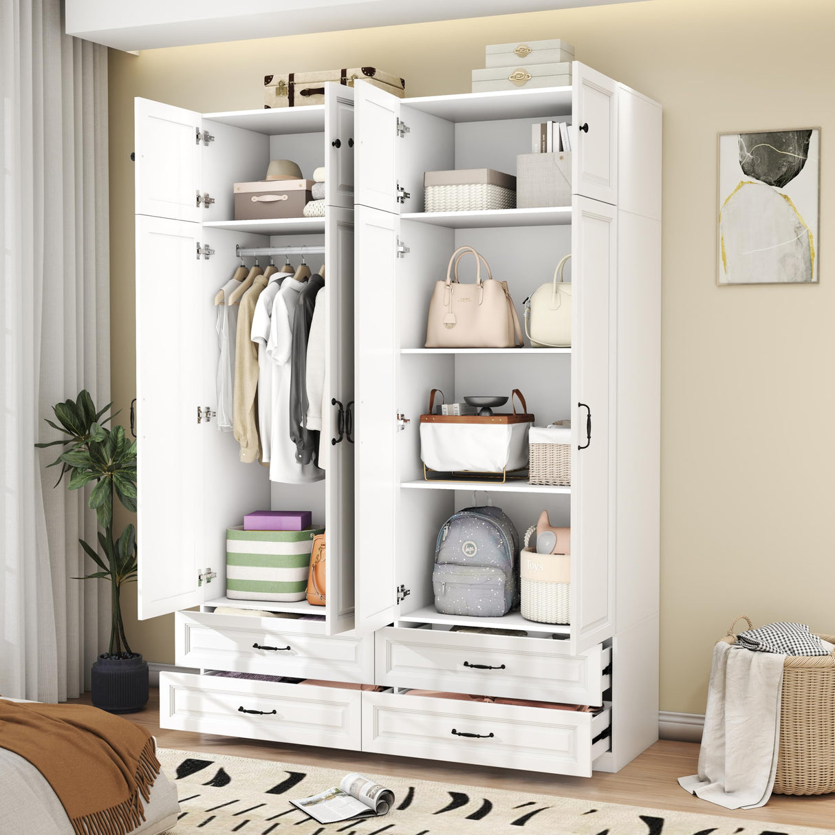 Armoire Wardrobe Closet with Doors: 89" Extra Tall White Wardrobe with Storage on Top, Bedroom Armoires with 4 Doors and 4 Drawers, Large Wood Closet Armoire for Hanging Clothes (B, 63") LABROSKIA
