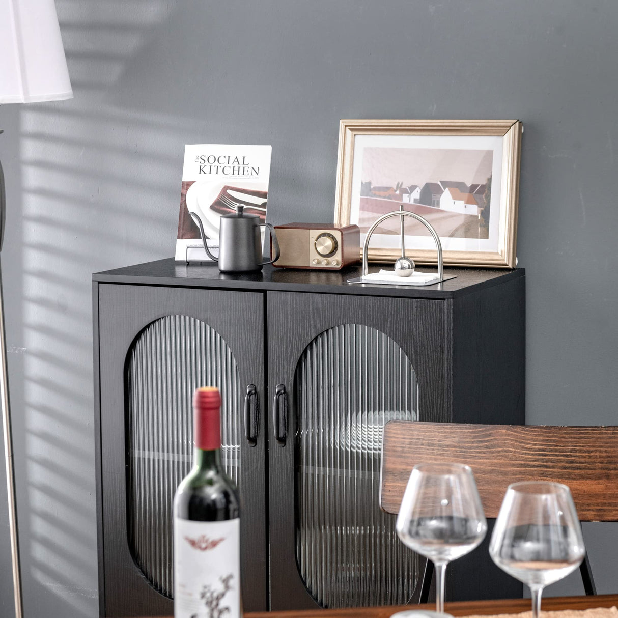 LOKO Buffet Cabinet with Storage, Kitchen Sideboard Cabinet with Tempered Glass Doors and Drawers, Industrial Style Cupboard Credenza Storage Cabinet, 31.5 x 16 x 39.5 inches LOKO