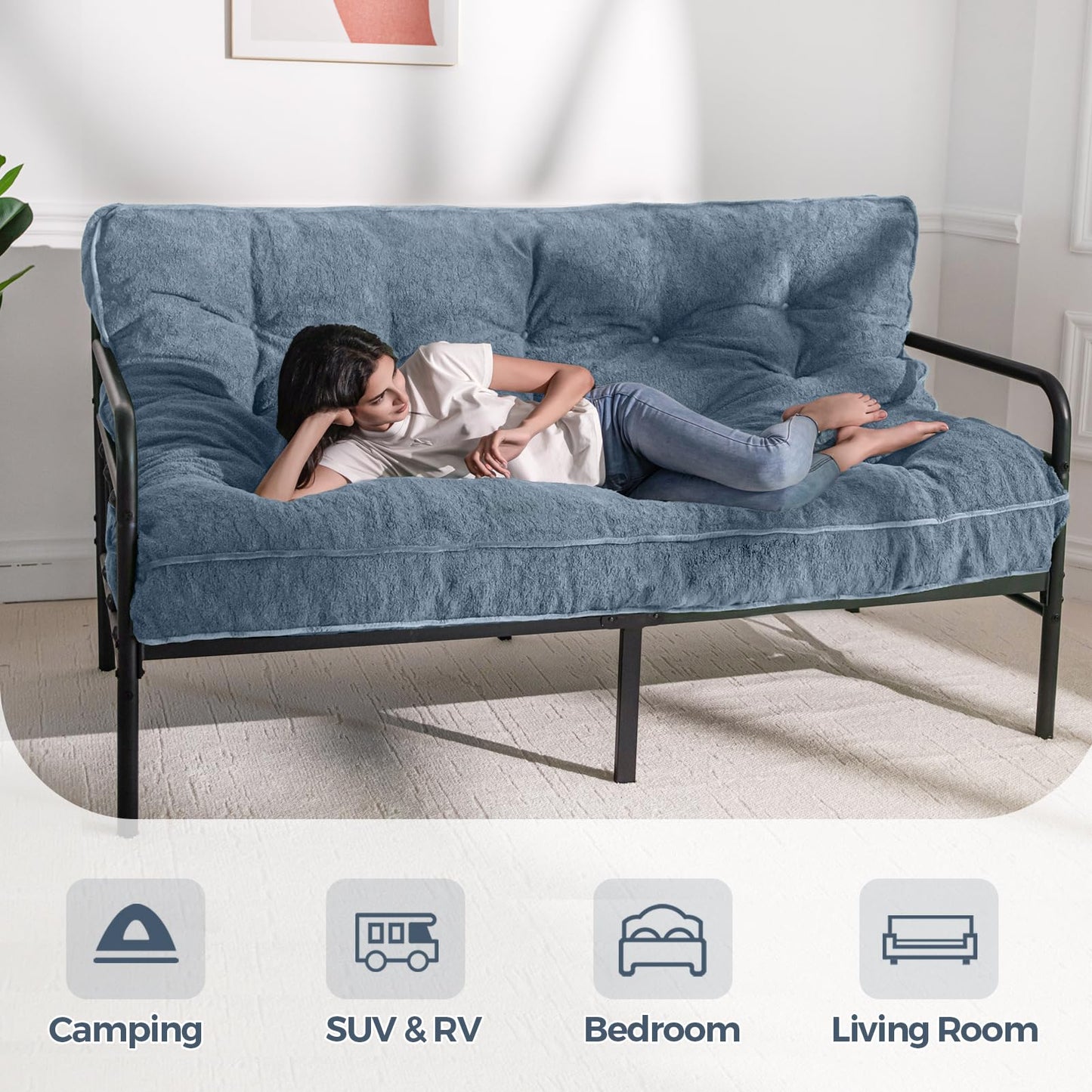 MAXYOYO 6" Futon Mattress Full Size, Thick Boucle Futons Sofa Couch Bed Sleeper Sofa Bed Floor Mattress for Adults, Shredded Foam Filling (Frame Not Included), Dustyblue