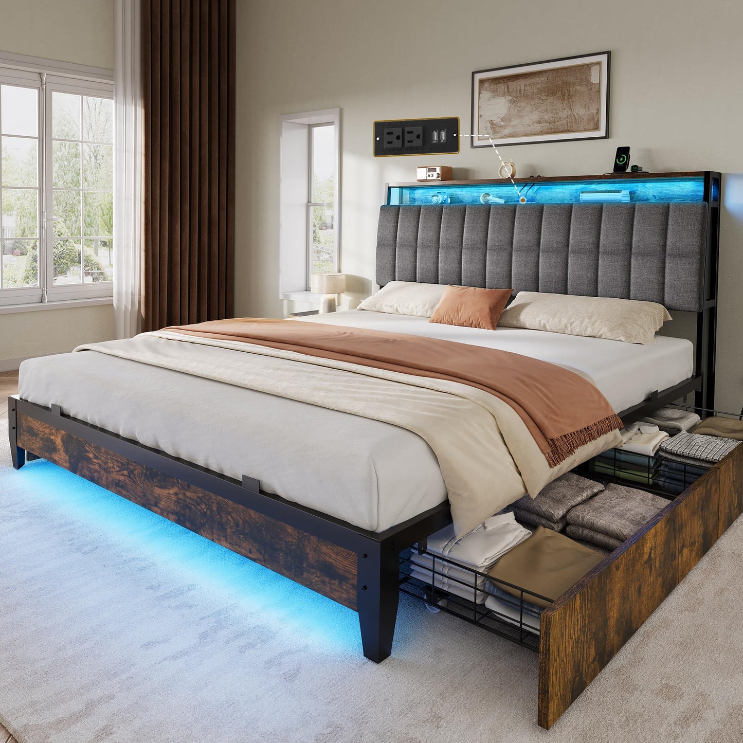 YITAHOME Full Size Bed Frame with RGB LED Lights and 4 Drawers, Upholstered Platform Bed with Charging Station and Storage Headboard, No Box Spring Needed, Noise-Free, Fast Assembly, Rustic Brown