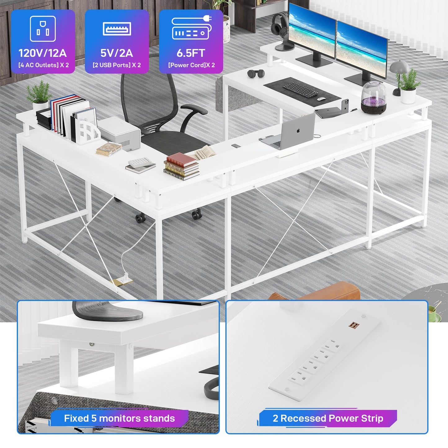 Jojoka U Shaped Computer Gaming Desk, Reversible L Shaped Desk with Power Outlets, LED Strip & Monitor Stand, Large Corner Desk with Storage Shelves for Home Office, White - WoodArtSupply