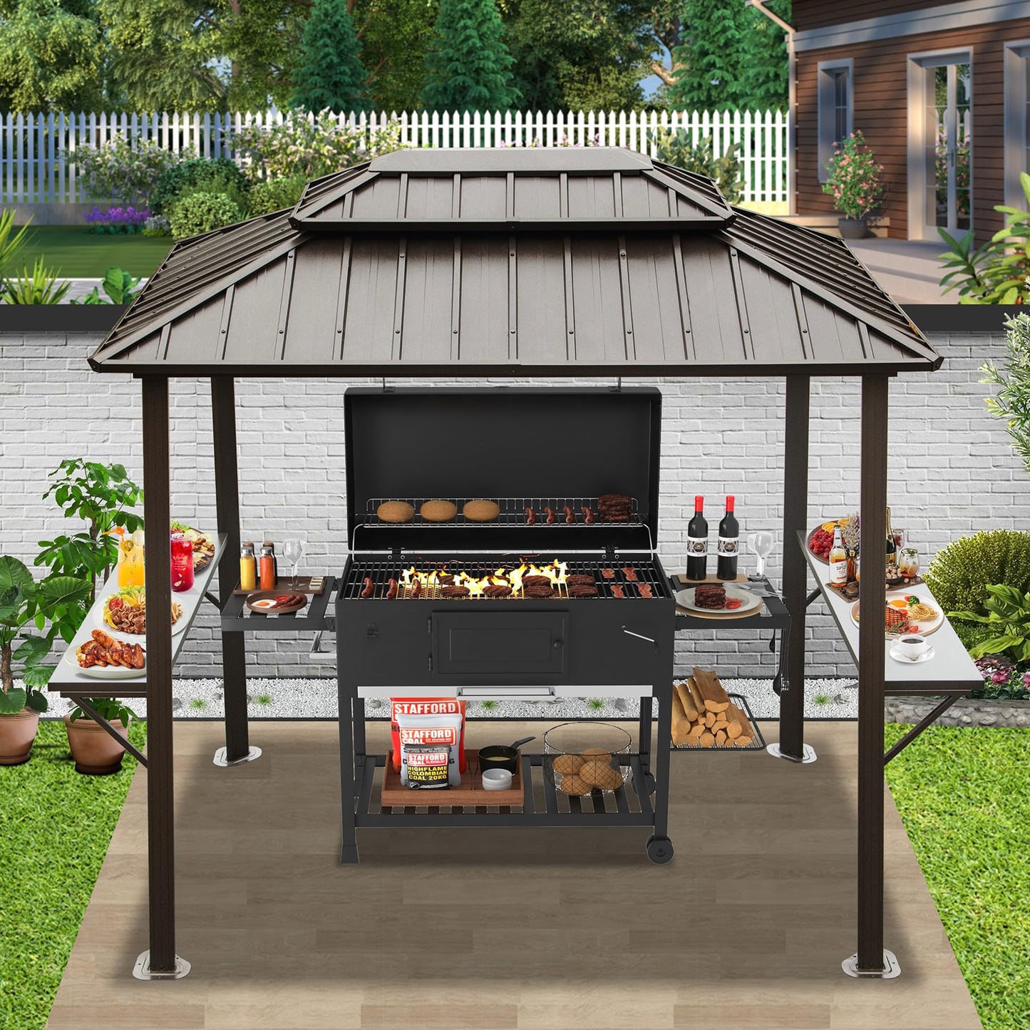 Domi Grill Gazebo 8' X 6', Outdoor Aluminum Hardtop BBQ Gazebo Canopy Double Roof with Shelves Serving Tables and Hooks for Patio Lawn Backyard Deck - WoodArtSupply