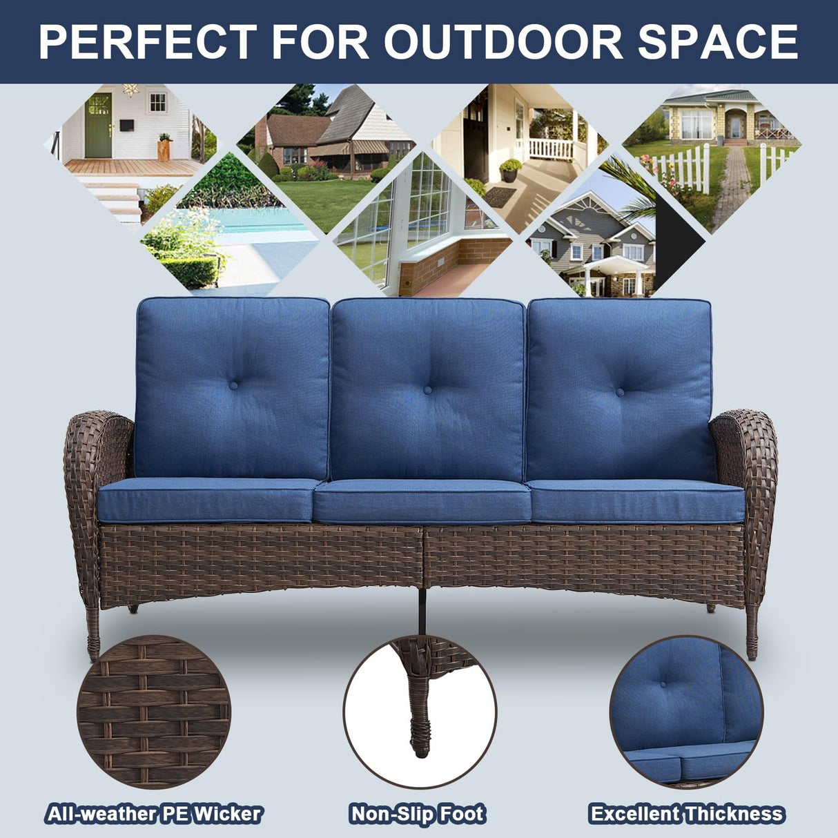 Belord Outdoor Patio Furniture - Wicker Sofa with Removable Cushion, 3 Seater Rattan Couch with Deep Seat, High Backrest, All-Weather for Balcony, Deck, Backyard, Brown/Blue Belord