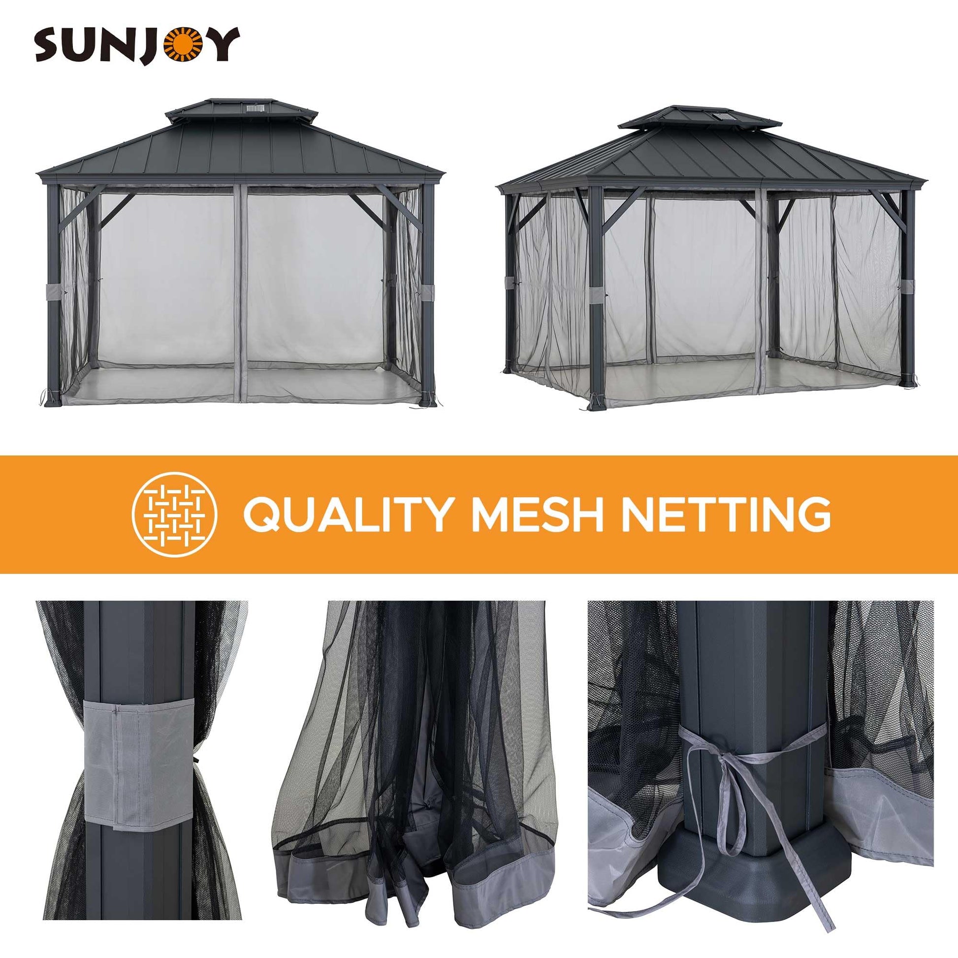 Sunjoy Hardtop Gazebo 10 x 12 ft. Outdoor Patio Aluminum Frame Gazebo with Solar Panel, 2-Tier Steel Hardtop Backyard Gazebo with Netting and Ceiling Hook, Black - WoodArtSupply