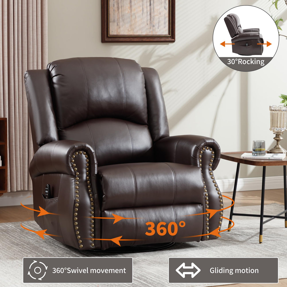 PELUMY Breathable Leather Manual Recliner Chair with Heat Massage, 360° Swivel Rocking Recliner, Oversized Multifunctional Living Room and Nursery Chair (Brown) PELUMY