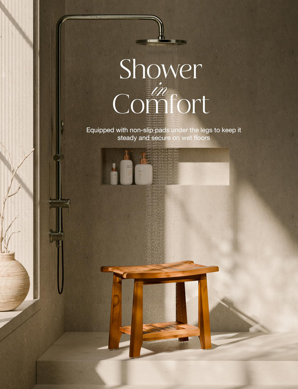 Tinamo 22”L Teak Shower Bench for Inside Shower - Teak Shower Stool & Wooden Bathroom Bench - Shower Chair for Inside Shower with Handles - Teak Shower Benches, Wood Bench for Bath with Storage Shelf Tinamo