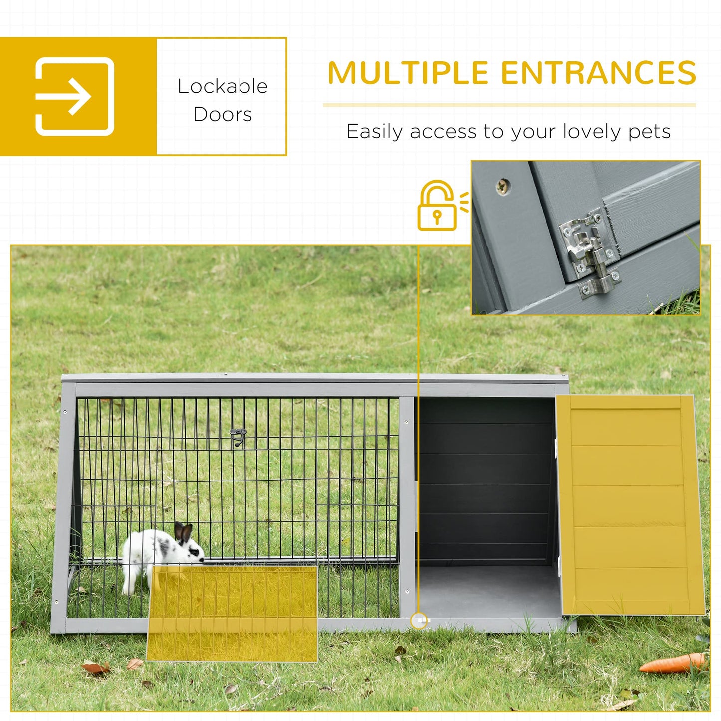 PawHut 46" x 24" Wooden A-Frame Outdoor Rabbit Cage Small Animal Hutch with Outside Run & Ventilating Wire, Gray - WoodArtSupply