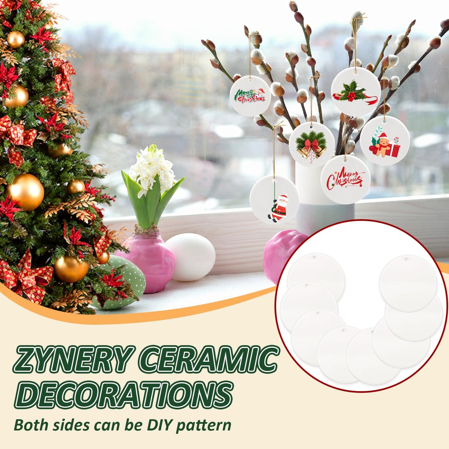 ZYNERY 30Pcs Sublimation Ceramic Ornaments, Sublimation Ornament Blanks, Ornaments for Crafts, DIY Christmas Ornaments, White Christmas Ornaments, Sublimation Blanks Products Bulk Personalized Gift