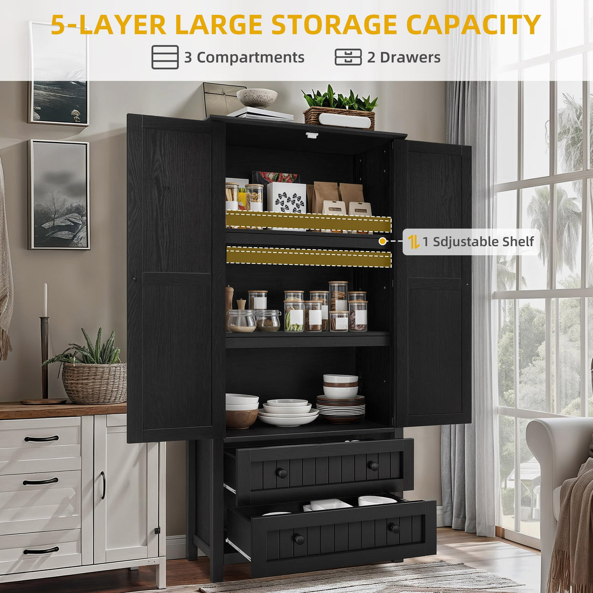 DWVO Farmhouse Kitchen Pantry Cabinet, 64.5" Tall Storage Cabinet with 2 Drawers and Adjustable Shelves, Versatile Storage for Living Room, Dining Room or Hallway, Oak Black DWVO