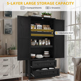 DWVO Farmhouse Kitchen Pantry Cabinet, 64.5" Tall Storage Cabinet with 2 Drawers and Adjustable Shelves, Versatile Storage for Living Room, Dining Room or Hallway, Oak Black DWVO