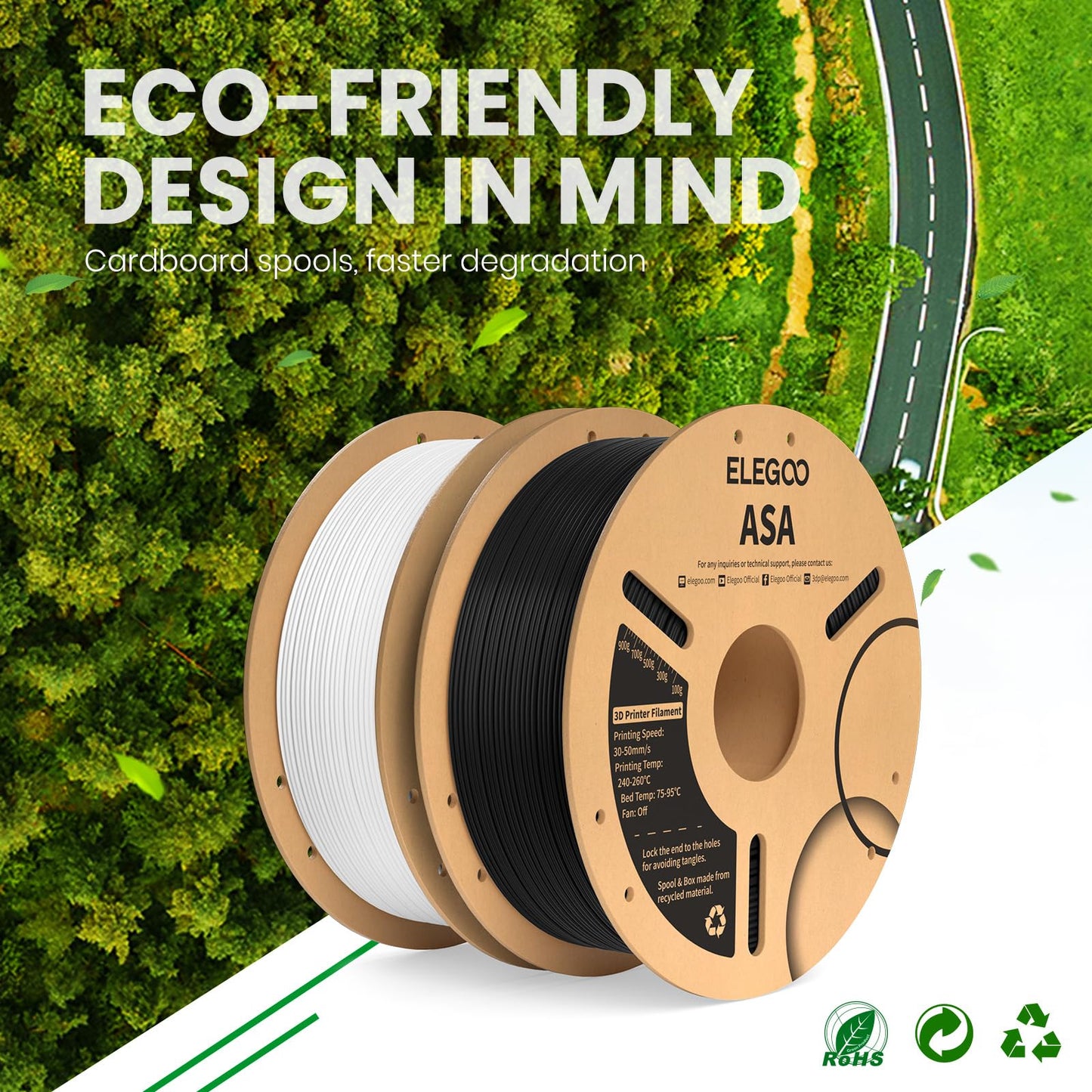 ELEGOO ASA Filament 1.75mm Black 2KG, UV & Weather Resistant 3D Printer Filament Perfect for Outdoor Functional Parts, Dimensional Accuracy +/- 0.02mm, 2 Pack 1kg Spool (2.2lbs) - WoodArtSupply