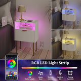 Modern Nightstand with Charging Station and LED Lights, White Bedside Table with Drawer, Fluted Side Table for Living Room, Bedroom JOONEE