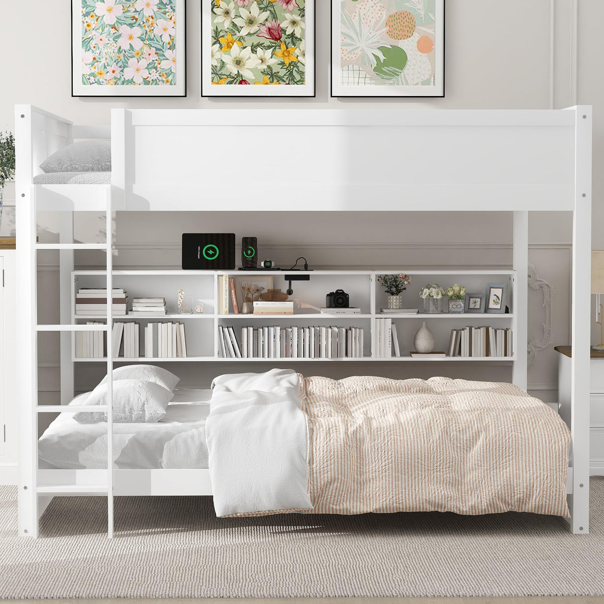 DNChuan Queen Over Queen Bunk Bed with Storage and USB Ports,Wooden Queen Size Bunker Bed Frame and Underneath Bookshelf,No Box Spring Needed,Kids,Adults-White DNChuan