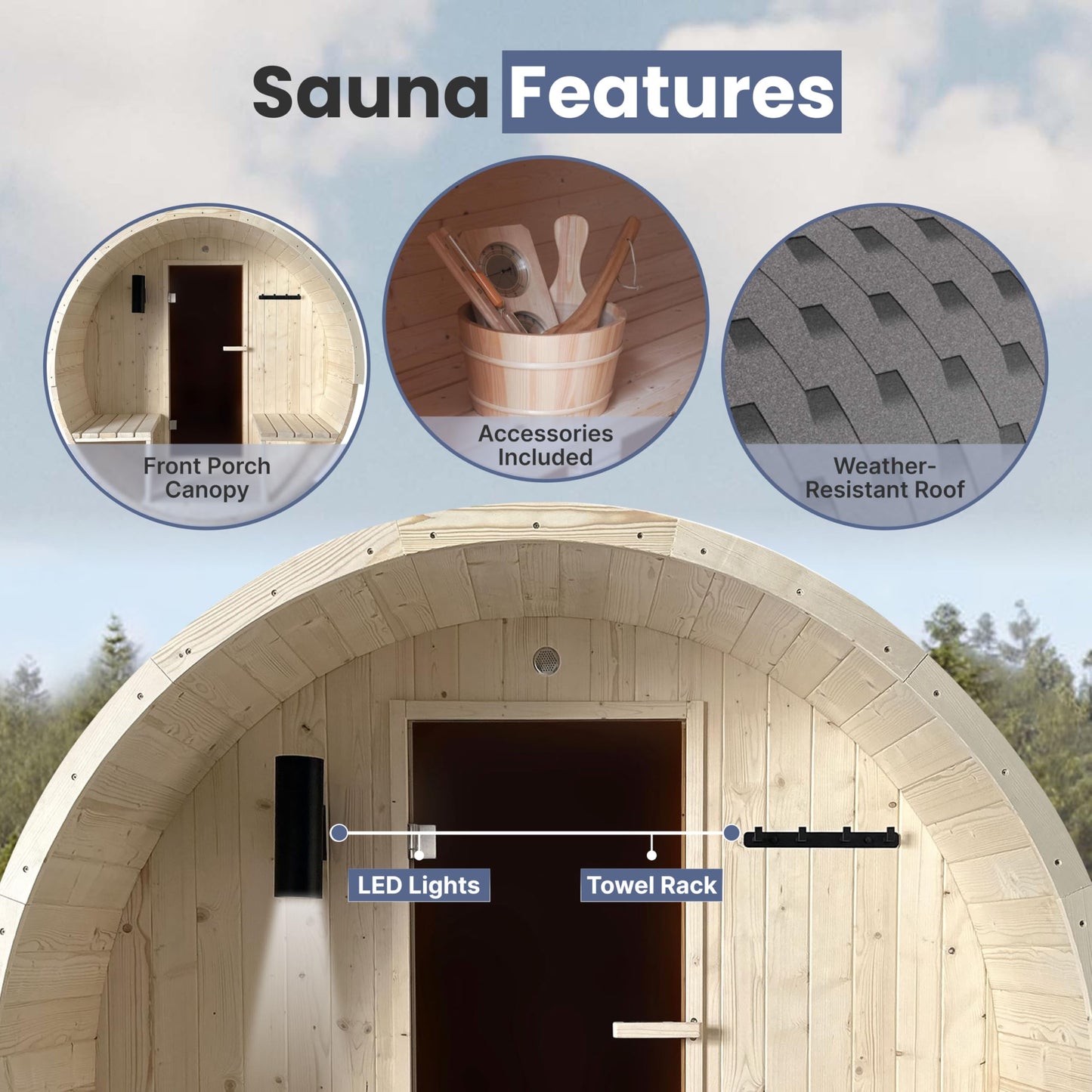 ALEKO Barrel Sauna | Personal Dry Wet Steam Sauna | Indoor Outdoor | White Finland Pine w/Front Porch Canopy | 6-8 Person | UL Certified 8 kW KIP Harvia Heater | - WoodArtSupply