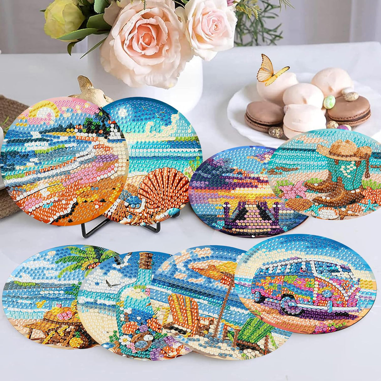 Ekuxom 8 pcs Beach Diamond Art Coasters Kits with Holder, DIY Ocean Diamond Painting Coasters, Non Slip Coaster Crafts Kits for Adults Beginners Gifts Ekuxom