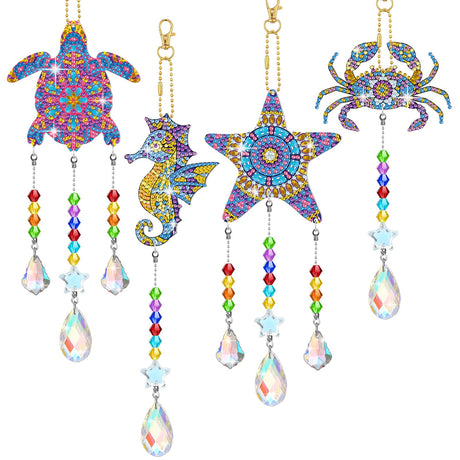 Tigeen 4 Pcs Diamond Art Painting Suncatchers, Ocean Themed Decorations Double Sided Crystal Sea Animal Wind Chime DIY Diamond Painting Animals Crystal Hanging Ornament with Chain for Adults Home Tigeen