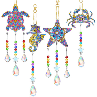 Tigeen 4 Pcs Diamond Art Painting Suncatchers, Ocean Themed Decorations Double Sided Crystal Sea Animal Wind Chime DIY Diamond Painting Animals Crystal Hanging Ornament with Chain for Adults Home