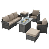 UDPATIO Patio Furniture Set with 44" Fire Pit Table, 6 Pieces Outdoor Sectional Conversation Sets, All-Weather Wicker Rattan Sofa Ottoman with 4" Thick Cushion for Garden Backyard Deck, Khaki UDPATIO