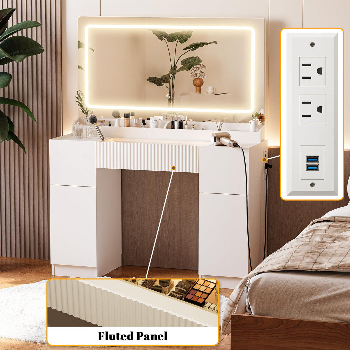 44" Vanity Desk with Large Mirror and Lights, Modern Glass Top Makeup Vanity Set with Power Outlet, 3 Drawers and 2 Cabinet, 3 Lighting Color Adjustable Dressing Table for Bedroom,Pure White INNOD