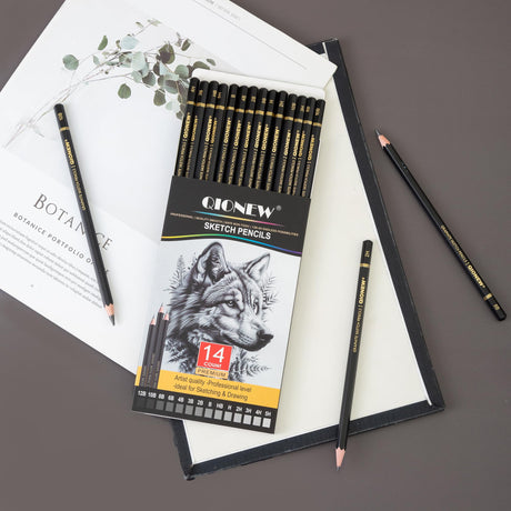 Qionew Professional Sketching Pencil for Drawing,14 Pack, Graphite Pencils, (12B-5H), Art Pencils for Drawing and Shading, Sketching, Ideal for Beginners & Pro Artists Qionew