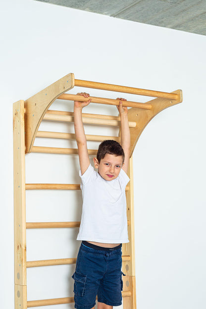 Wooden Swedish Ladder, Stall Bars Set for Physical Therapy & Gymnastics (with Adjustable Pull-up Bar)