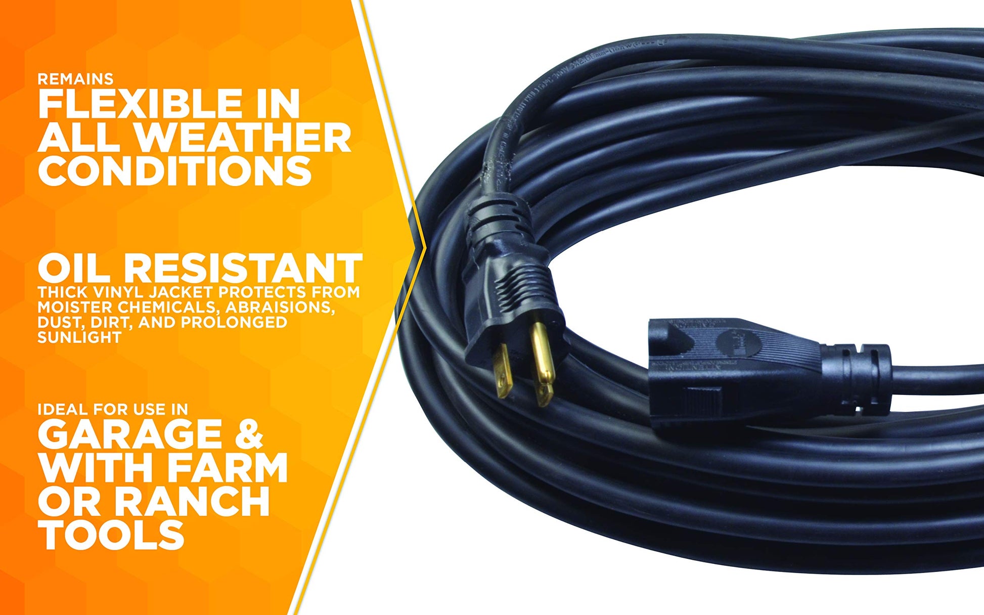 Woods 982452 50-Foot SJTOW Agricultural Outdoor Heavy Duty All- Weather Extension Cord, Oil Resistant Vinyl Jacket, Versatile Use, Powerful 15 Amps, 125 Volts, 1,875 Watt Extension Cord, Blac - WoodArtSupply