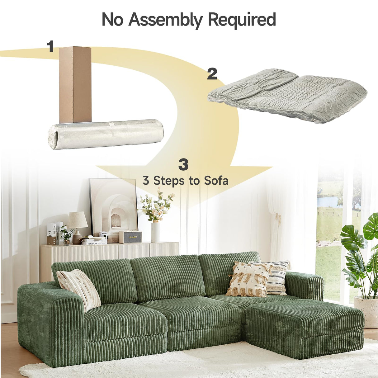 ONBRILL 110" Modular Sectional Sofa, L Shaped Couch 4 Seater with Sleeper Chaise, Sectional Couch with Deep Seat,Upholstered Corduroy Cloud Couches for Living Room,Bedroom,No Assembly Required,Green ONBRILL